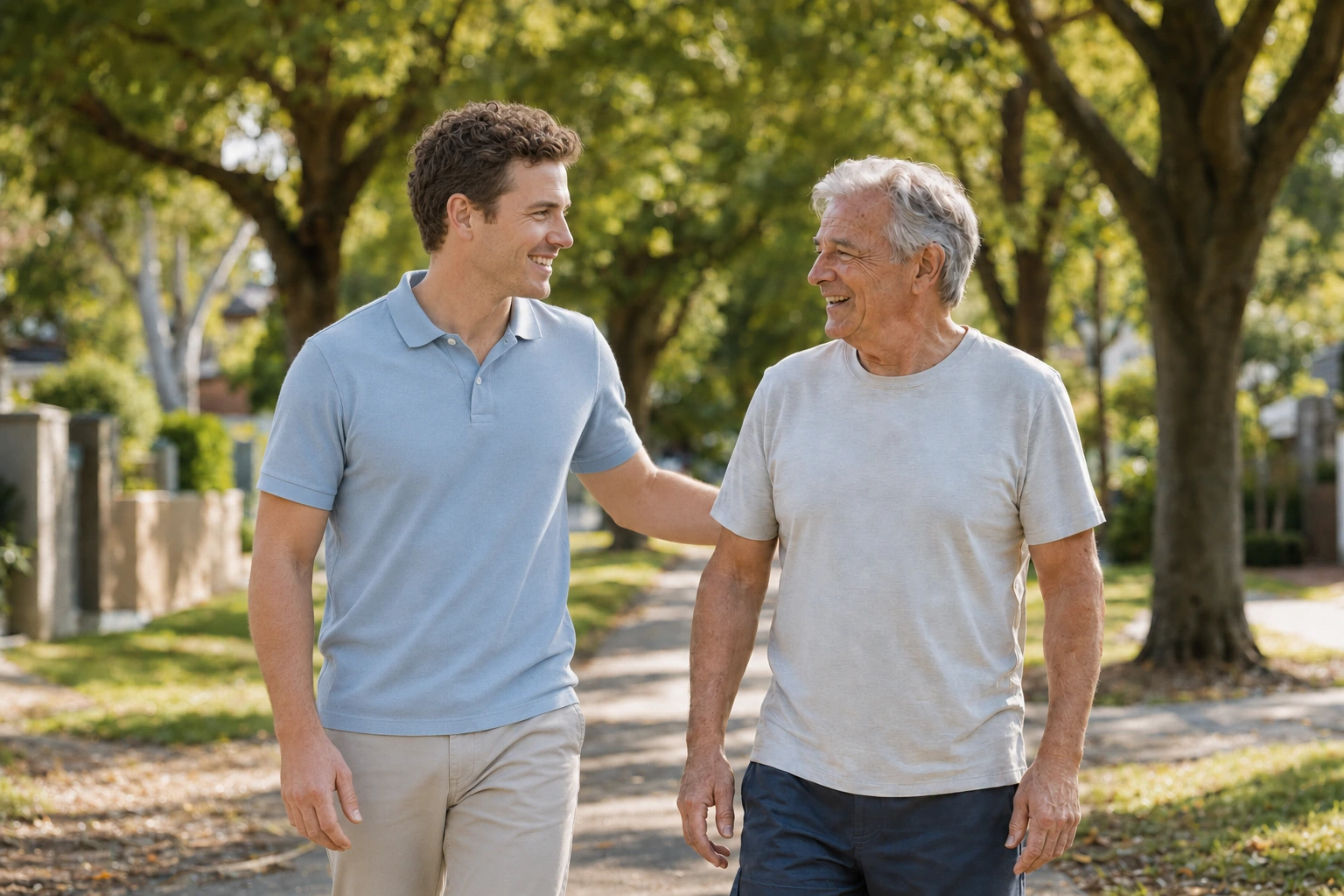 A therapist walking with an older client in the community