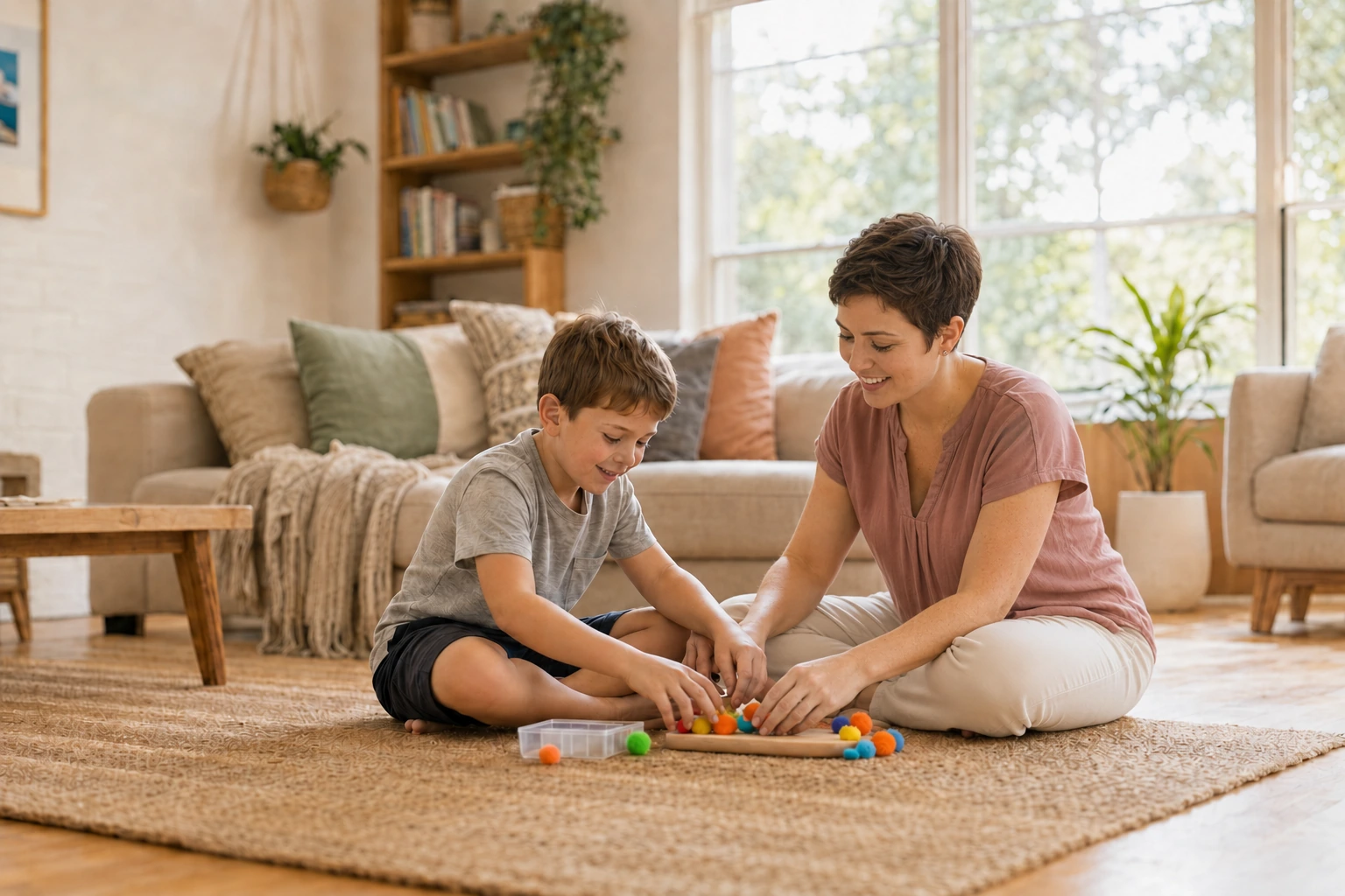 A therapist supporting a child during an in-home therapy session